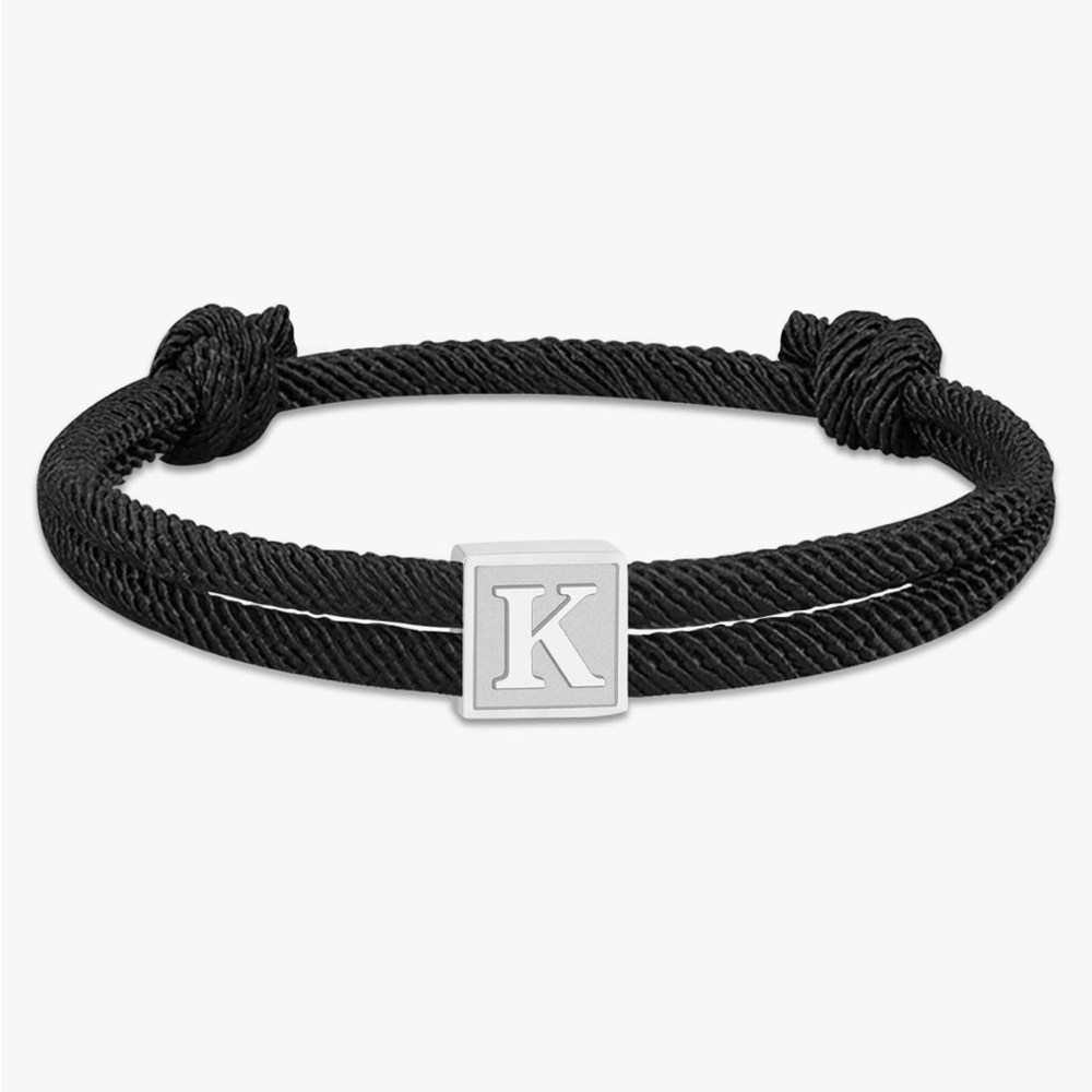 Black Rope Bracelet with Silver Initial Charm